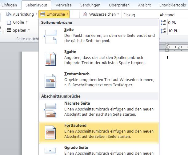 Abschnittsumruch w&auml;hlen