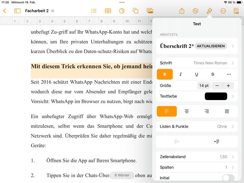 Formatvorlage &Uuml;berschrift2 w&auml;hlen und anpassen