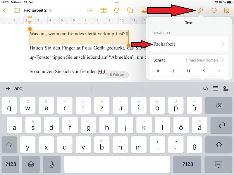 Formatvorlage f&uuml;r &Uuml;berschrift w&auml;hlen
