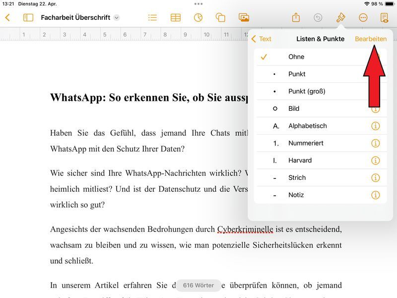 Formatvorlage für Listen w&auml;hlen und anpassen